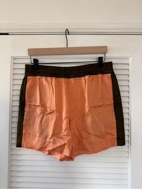 Dries Van Noten Peach Satin Shorts with Olive Panels